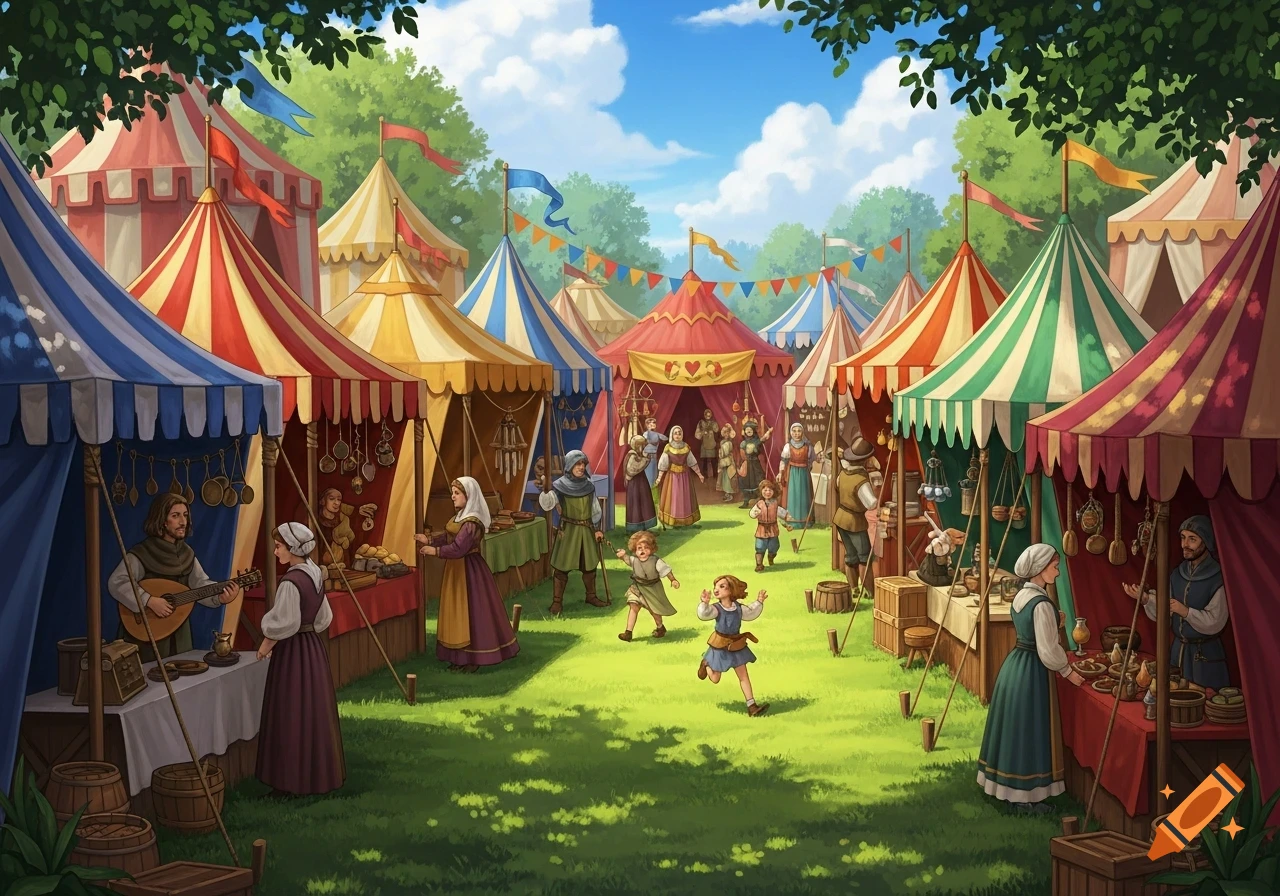 A vibrant medieval fair scene with numerous colorful striped tents, people in period clothing, and children playing on a grassy field under a blue sky.