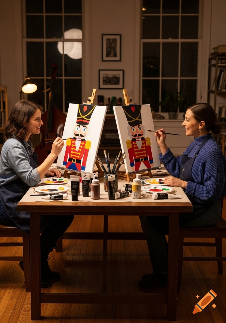 Two smiling women are seated across from each other at a wooden table, painting colorful nutcracker portraits on easels during a paint night.