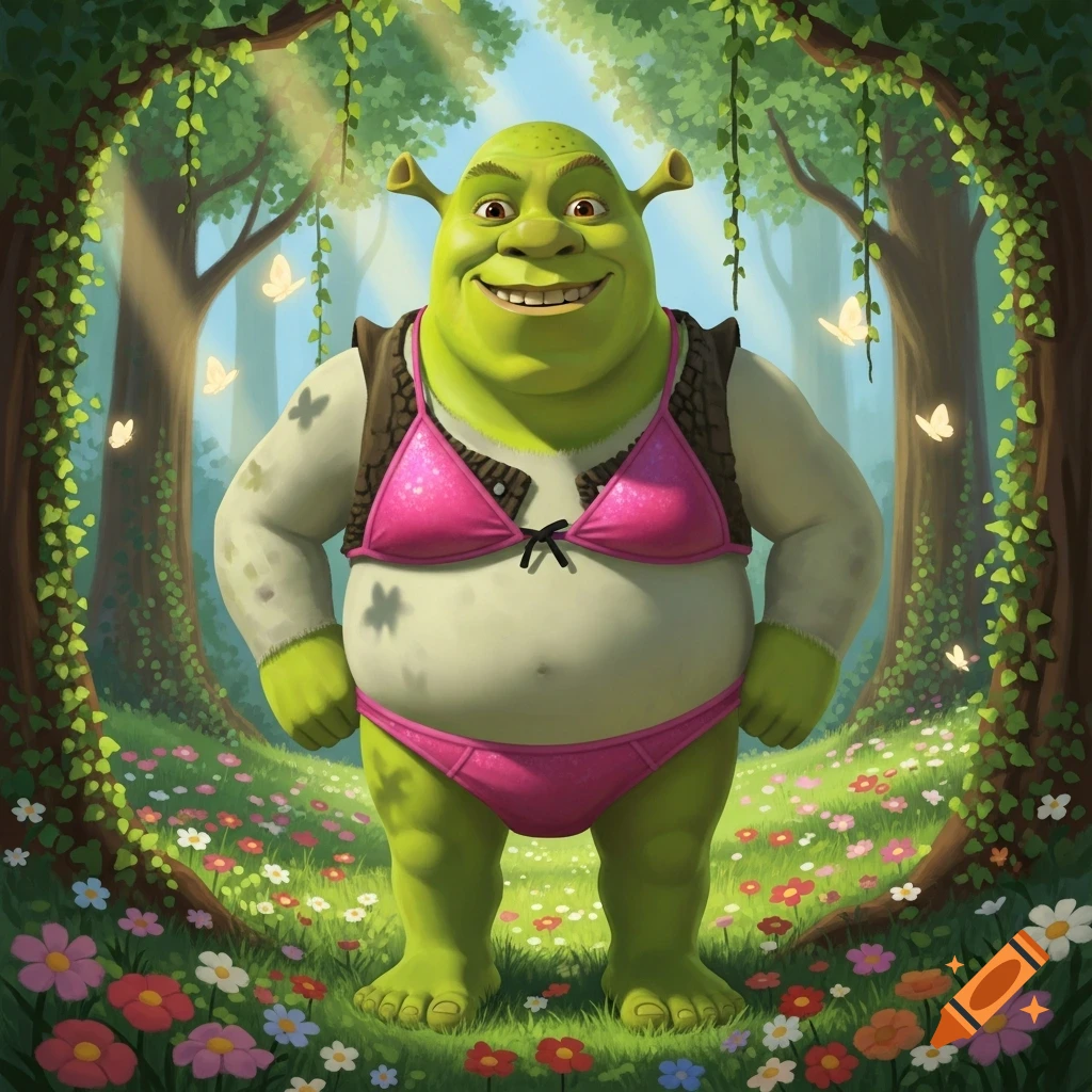 Shrek smiles while standing in a vibrant pink bikini in a magical forest with butterflies and colorful flowers.