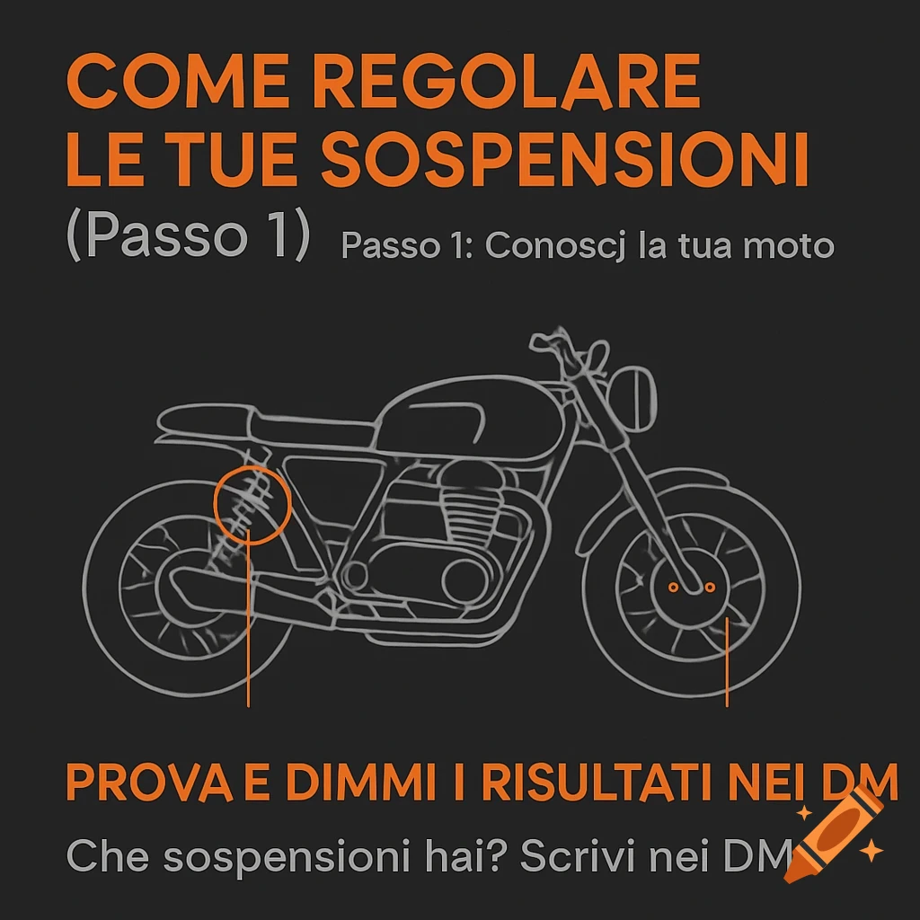 An instructional graphic on a dark background showing a line art diagram of a motorcycle with parts highlighted by orange circles and lines. Orange and gray text in Italian provides instructions on adjusting suspensions.