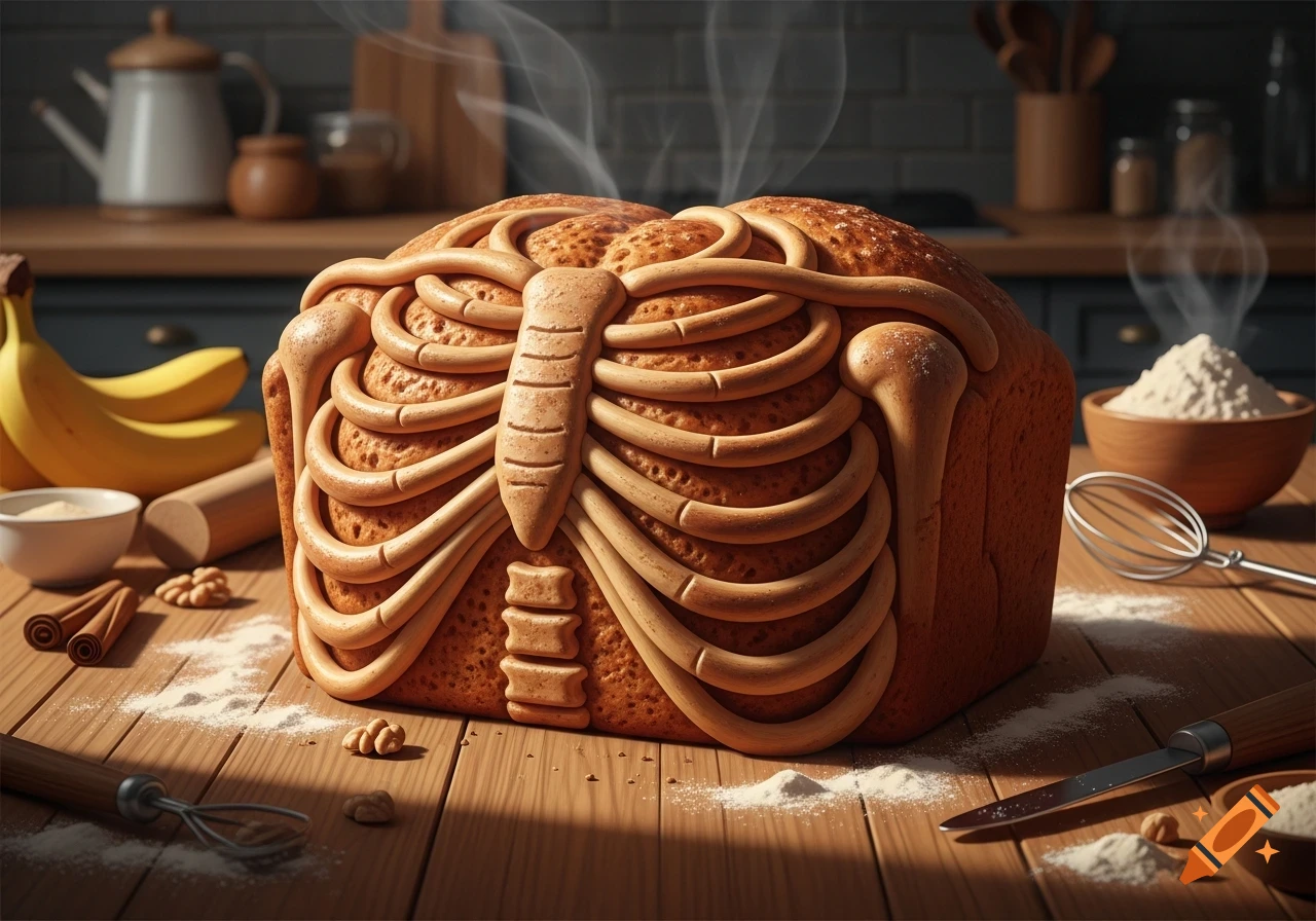 A steaming banana bread loaf is shaped like a human ribcage and skeleton, surrounded by baking ingredients in a kitchen.