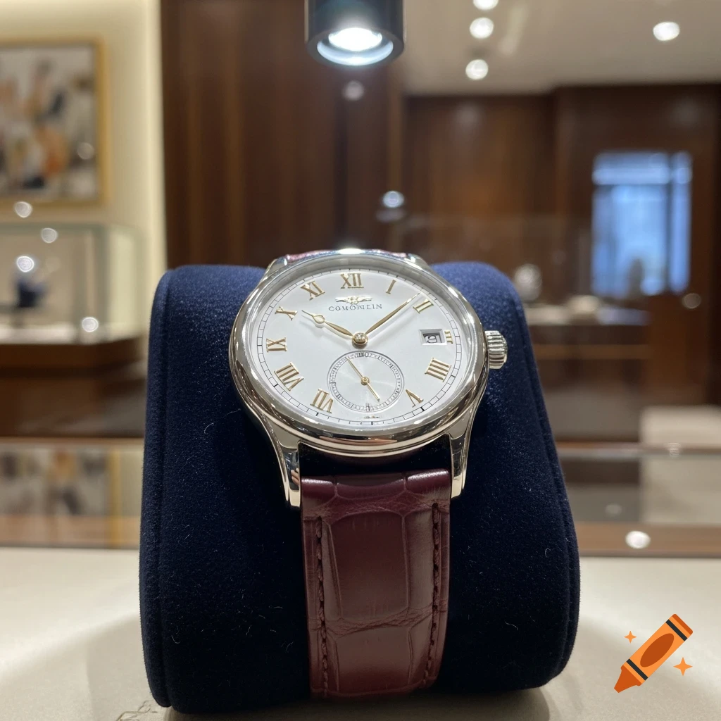 A close-up of a silver watch with a white face, gold Roman numerals, and a dark red leather strap, displayed on a blue stand.