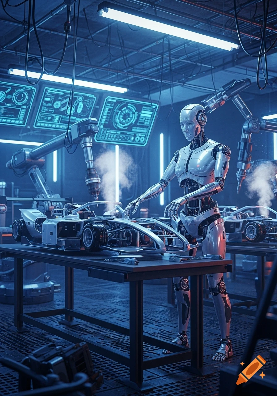 A humanoid robot works on a futuristic car chassis on a table in a blue-lit workshop with glowing screens and robotic arms.