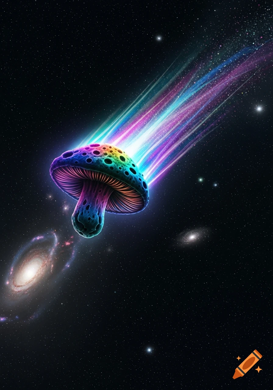 A vibrant, rainbow-colored mushroom comet with a colorful light trail flies through deep space, with stars and galaxies visible.