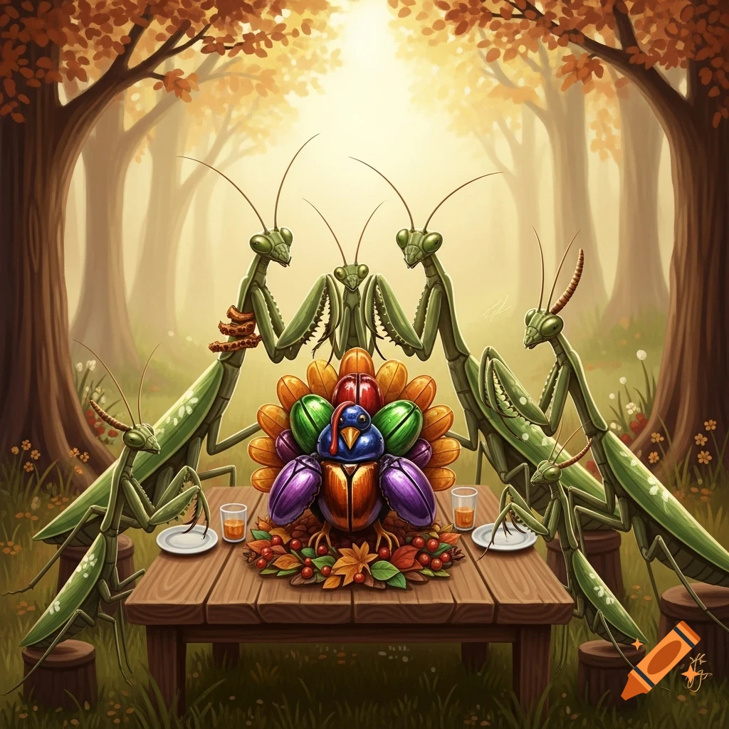 Five praying mantises gather around a wooden table in an autumn forest, celebrating Thanksgiving with a colorful insect turkey.
