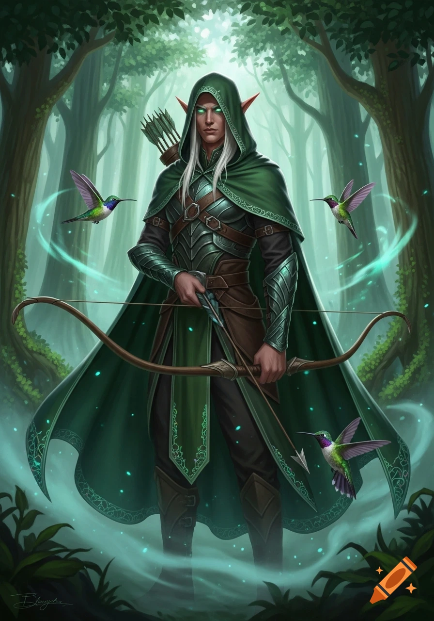 An elf ranger with white hair, green eyes, green cloak, and armor stands in a mystical forest with a bow, surrounded by hummingbirds.