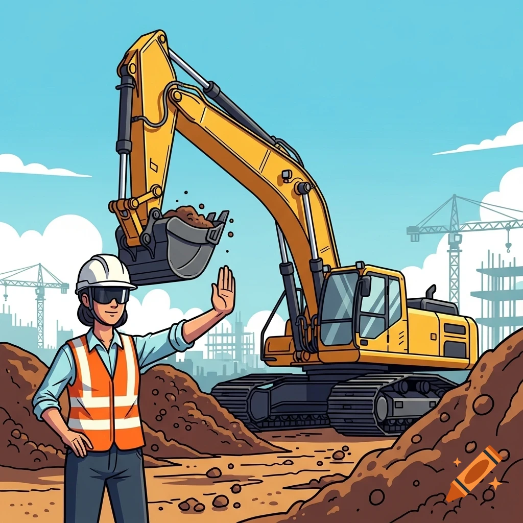 A cartoon of a soil scientist in safety gear stopping a large yellow excavator at a construction site.
