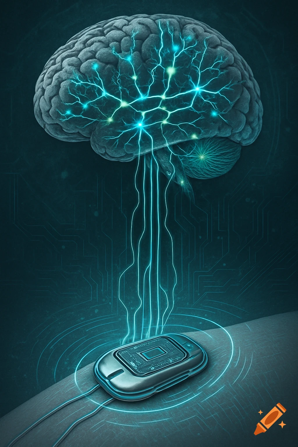 Conceptual diagram of a human brain with glowing neural connections linked to an implantable device on an arm, with a circuit background.