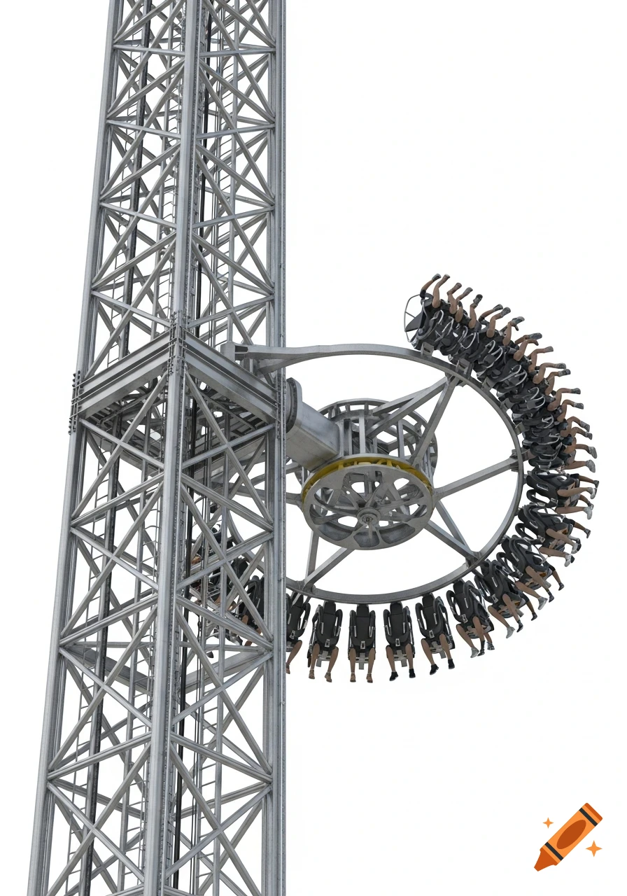 Highly realistic 3D rendering of a modern gyro drop amusement ride, featuring a steel lattice tower and a circular gondola with riders.