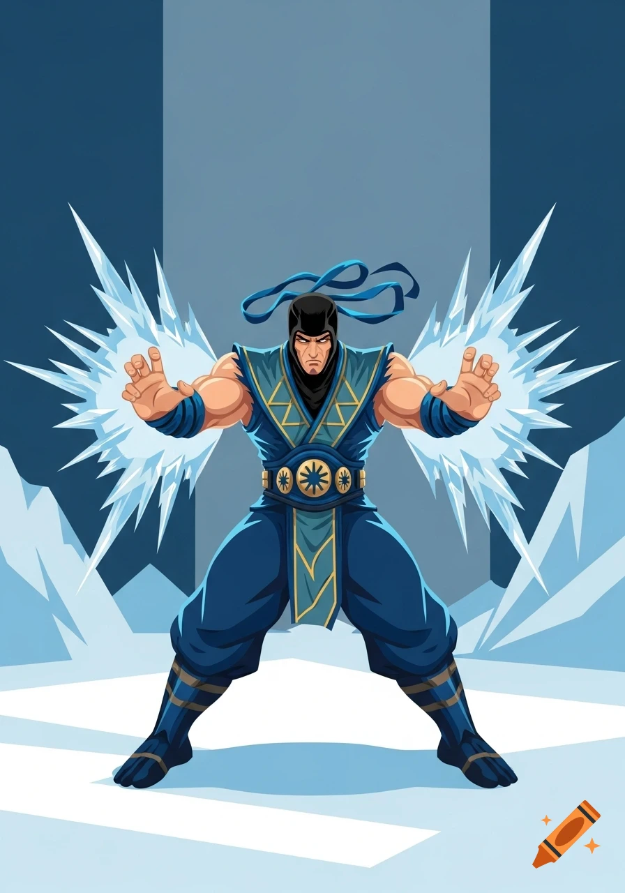 Stylized illustration of Sub-Zero, a muscular blue-clad fighter, conjuring ice in an icy landscape.