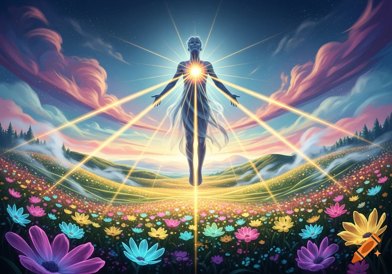 An ethereal figure glowing with light levitates above a field of colorful flowers under a vibrant sunset sky, with light rays emanating.