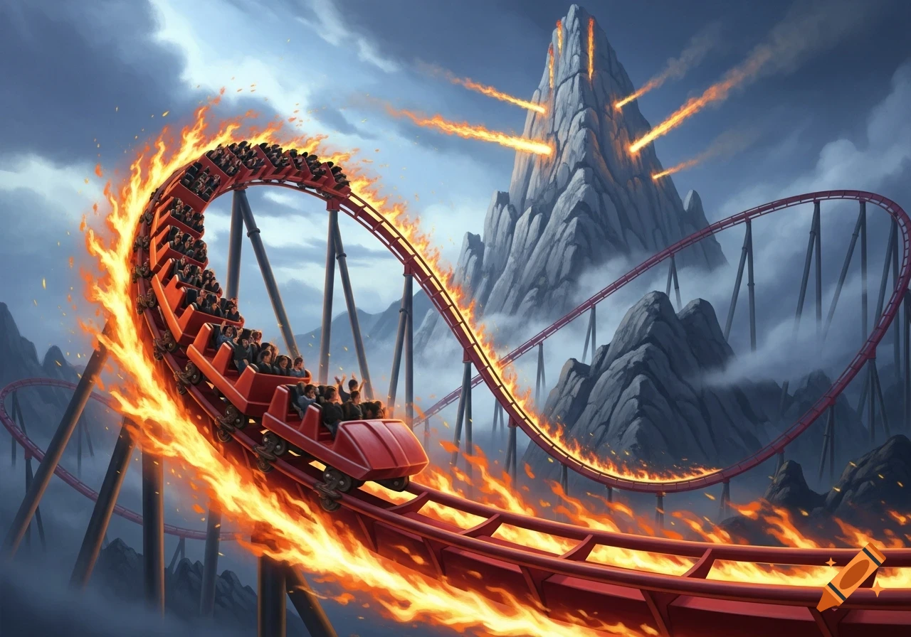 A fiery red roller coaster with passengers loops past a volcanic mountain spewing flames under a cloudy sky.