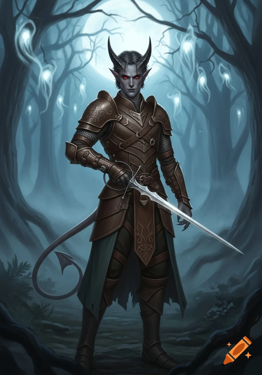A grey-skinned Tiefling male with horns, red eyes, and a tail, dressed in leather armor, holds a rapier in a misty, moonlit forest with glowing spirits.