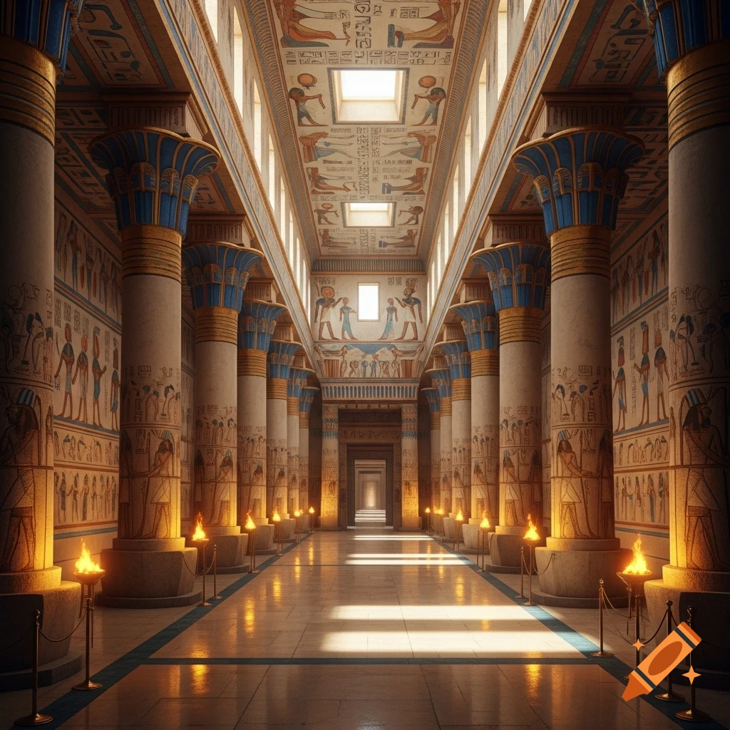 A grand, long hall in an ancient Egyptian temple with tall, ornate pillars adorned with hieroglyphs and golden accents, lit by torches along the path.