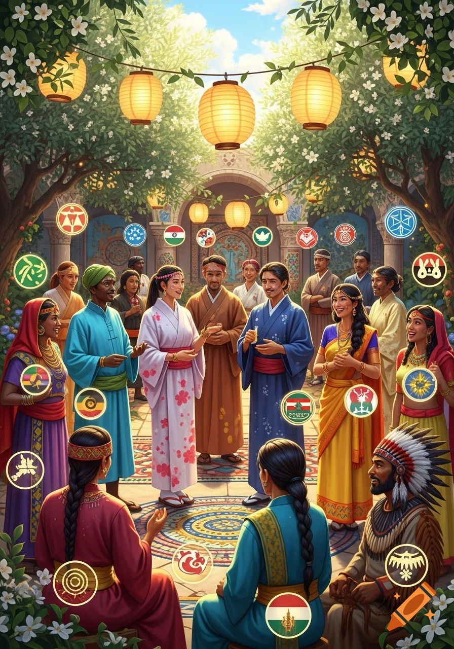 People from diverse cultures in traditional attire gather under lanterns and leafy archways, with emblems floating around them.
