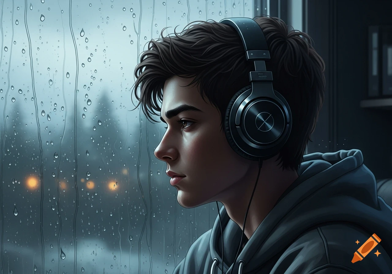 Digital art of a young man wearing headphones, looking out a rainy window with a pensive expression.