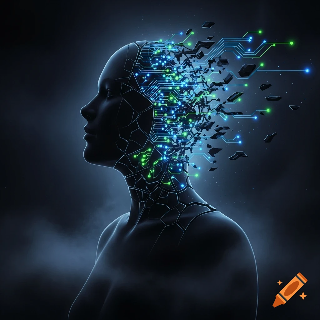 Profile of a dark, fractured human silhouette with glowing blue and green quantum circuits emerging from its head and neck.