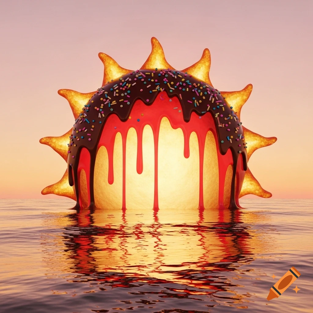 A stylized sun covered in dripping chocolate and strawberry sauce with sprinkles, reflecting on the ocean at sunset.