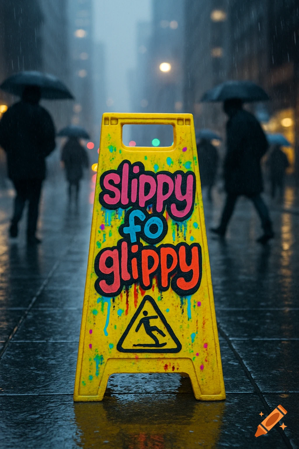 Yellow 'slippy fo glippy' wet floor sign on a rain-slicked city street with blurry figures holding umbrellas in the background.