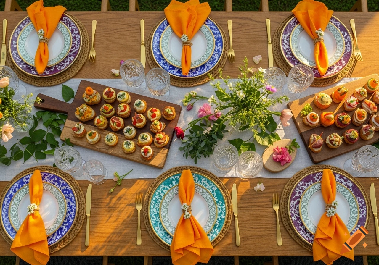 Overhead view of a vibrant outdoor table setting with appetizers, colorful plates, orange napkins, and floral centerpieces.