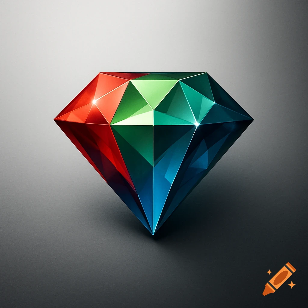 A geometrically faceted gem, divided into vibrant red, green, and blue sections, shines brightly on a gradient gray background.