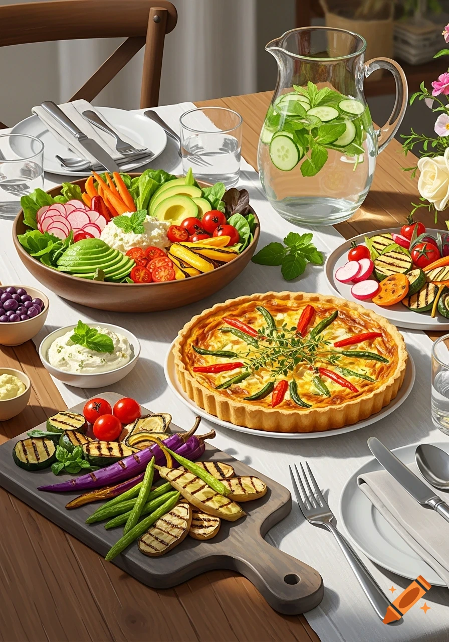A table laden with a vibrant vegetarian meal, including a large salad bowl, quiche, grilled vegetables, and cucumber-mint water.