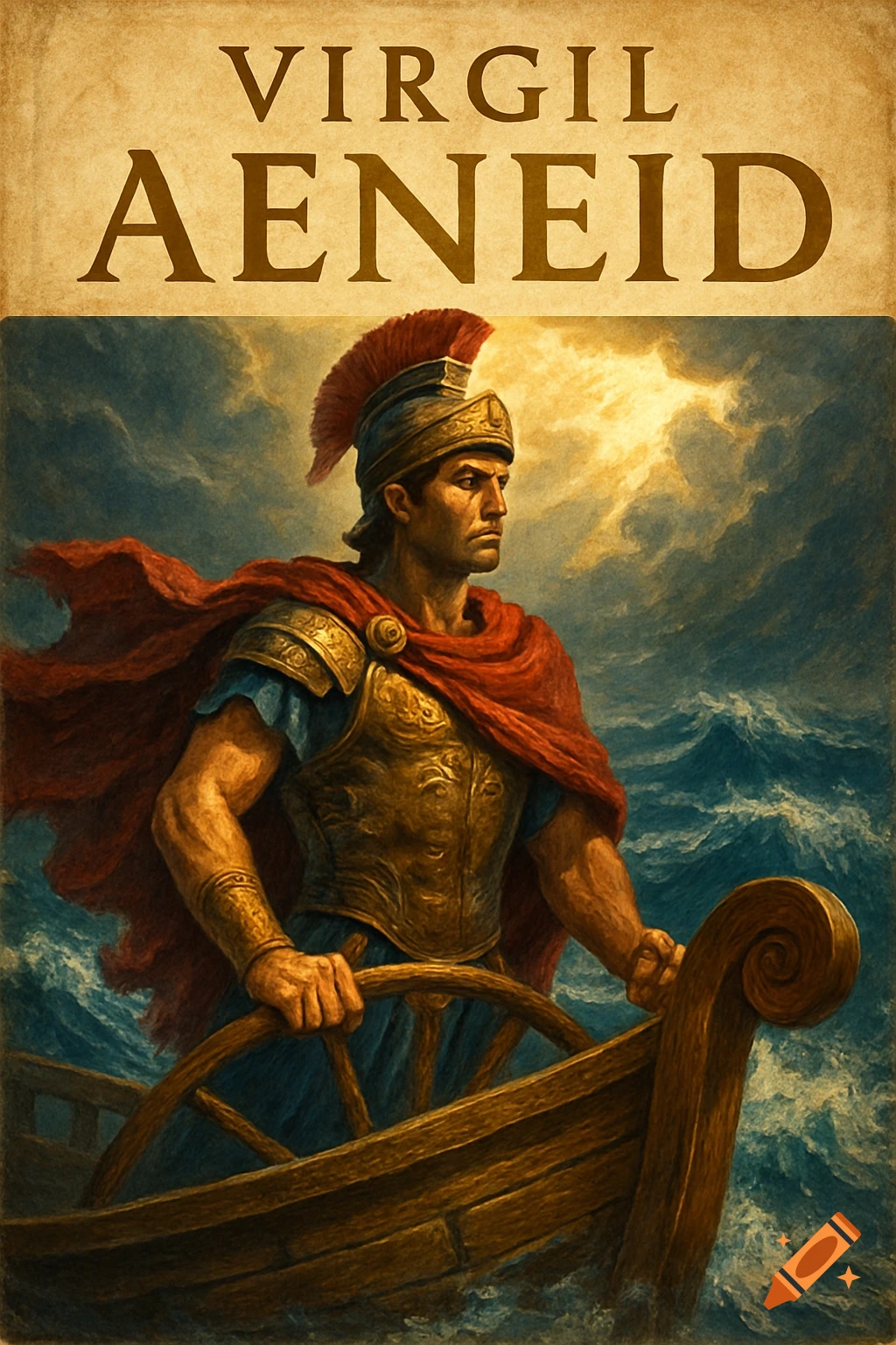 A classical oil painting of a Roman warrior in a red cape steering a boat through stormy seas. Text reads VIRGIL AENEID.