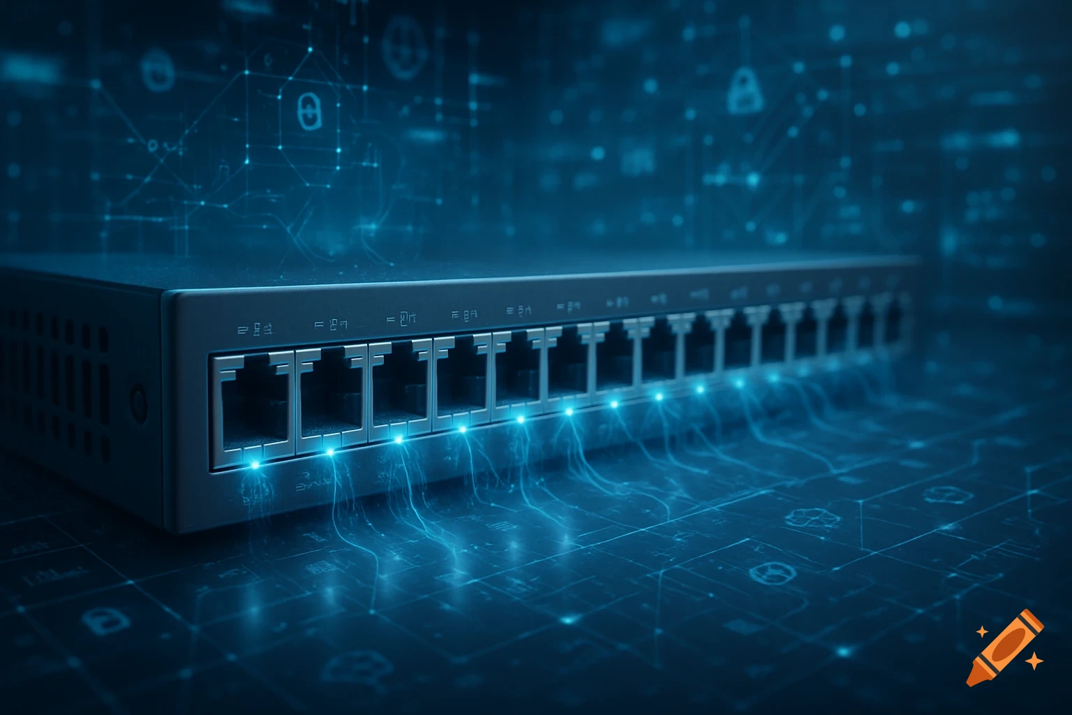 A photorealistic network switch with glowing blue connections against a dark, abstract digital background.