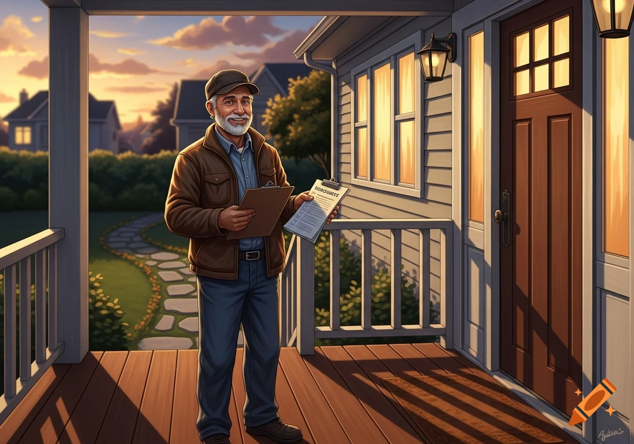 An illustration of a smiling older man with a beard and cap standing on a wooden porch, holding a clipboard, in front of a house at sunset.
