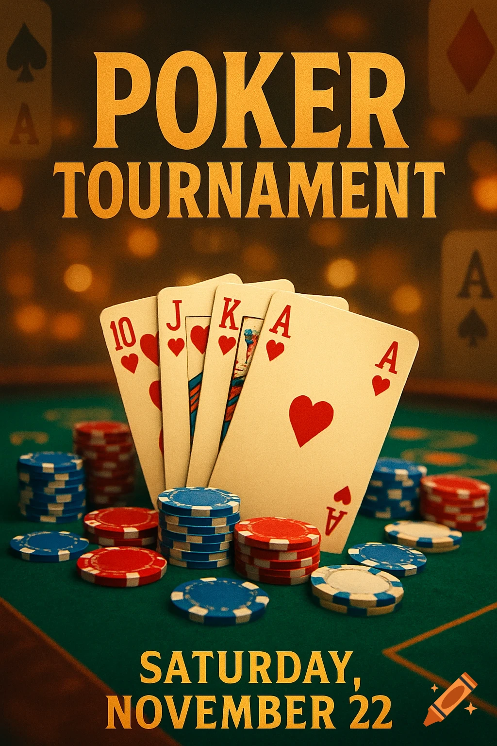 Promotional image for a poker tournament featuring playing cards showing a royal flush in hearts, poker chips, and text reading 'POKER TOURNAMENT SATURDAY, NOVEMBER 22'.