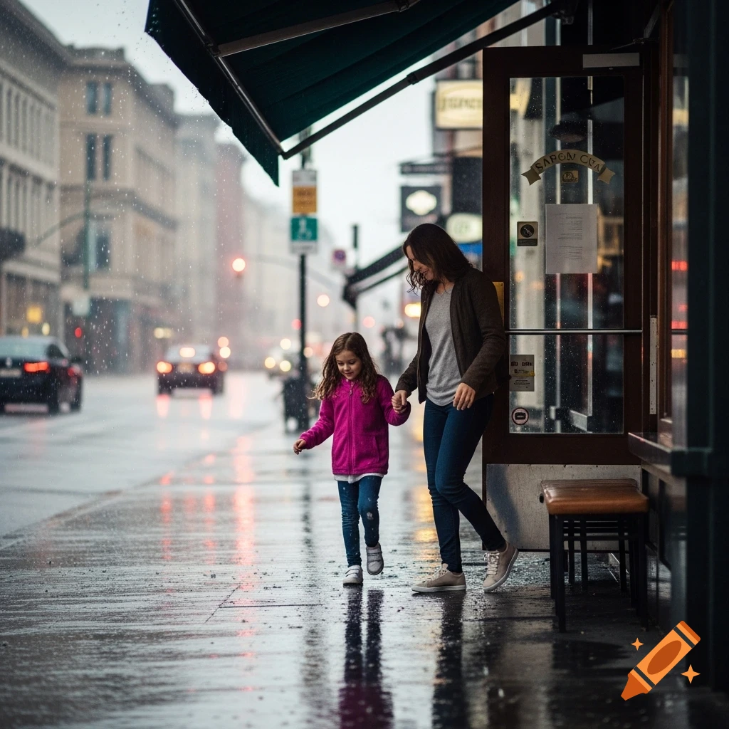 A mother and daughter hold hands, walking out of a cafe into heavy rain on a wet city street, photorealistic.