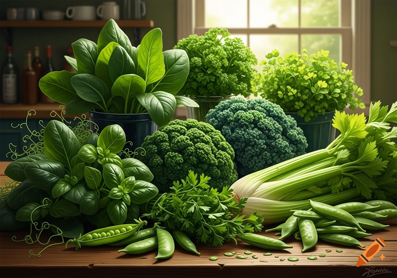 A vibrant assortment of fresh green vegetables including spinach, basil, broccoli, celery, peas, and parsley on a wooden table.