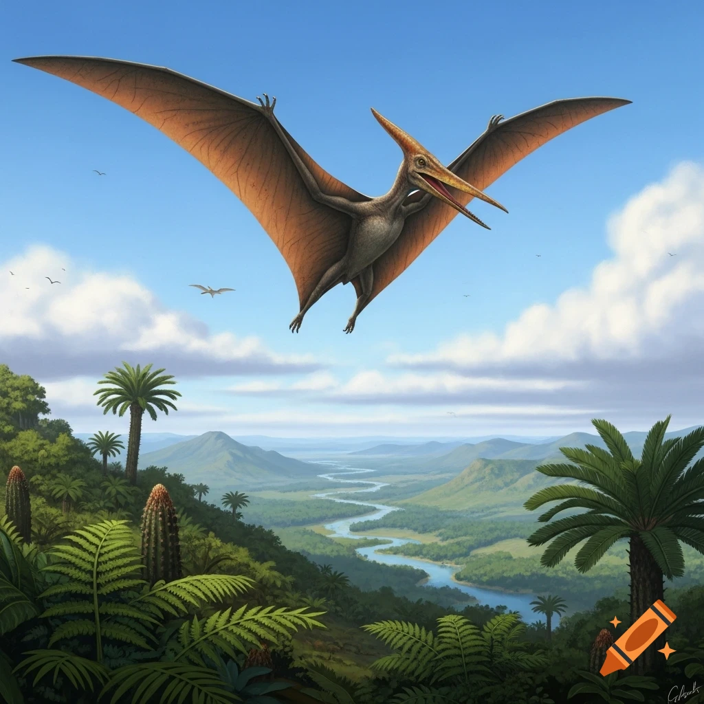 A Pteranodon with large wings soars above a lush prehistoric valley with a winding river and dense foliage under a blue sky.