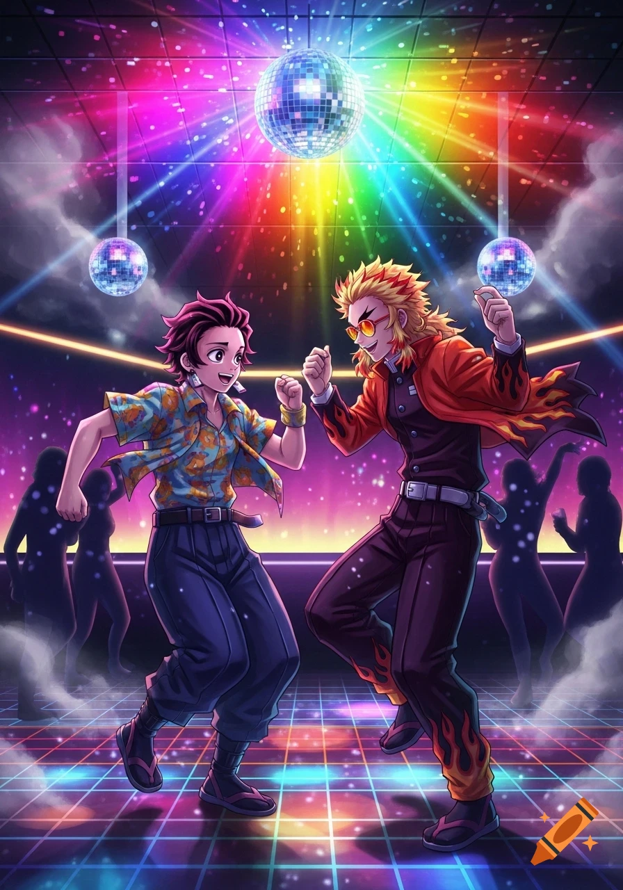 Anime characters Tanjiro and Rengoku dance energetically under disco balls and rainbow lights in an 80s-themed discotheque.