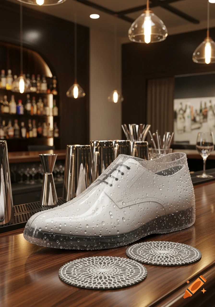A photorealistic clear rubber slip-on shoe cover with water droplets, resting on a wooden bar counter with cocktail shakers and bottles.