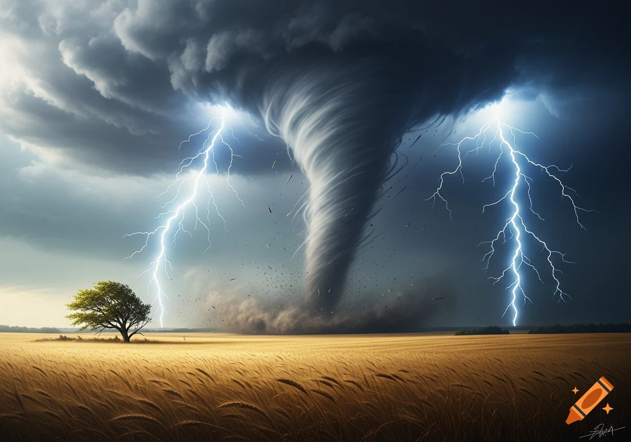Photorealistic image of a powerful tornado and lightning striking a golden wheat field under a stormy sky, with a lone tree.