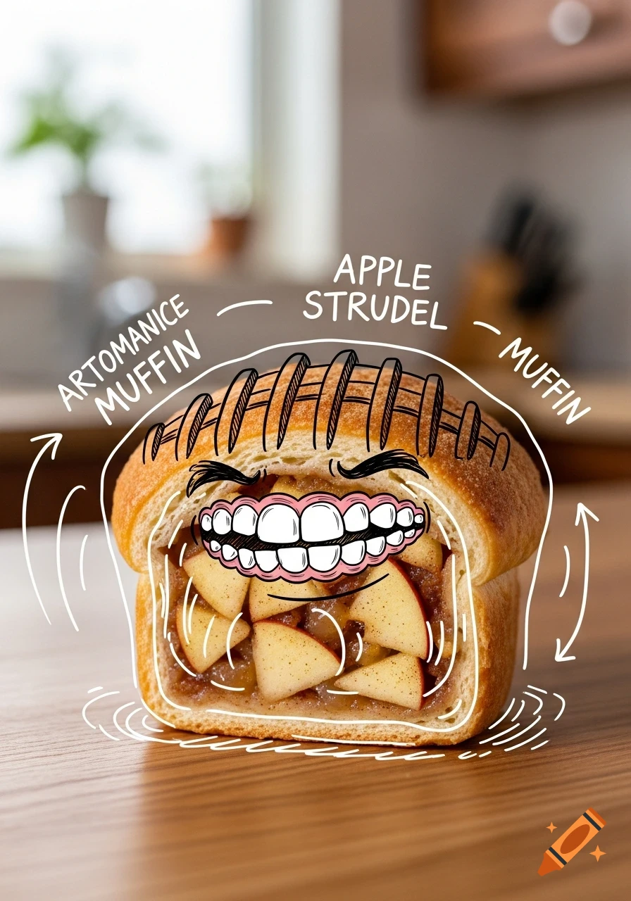 A cross-section of an apple strudel muffin with cartoonish line art depicting a face with grills teeth, hair, and labels, on a wooden surface.