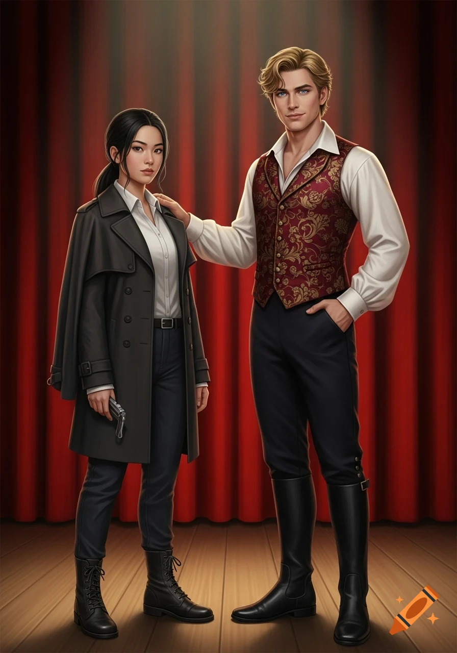 A realistic digital illustration of a dark-haired woman in a trench coat and a blonde man in a red patterned vest, standing on a stage with red curtains.