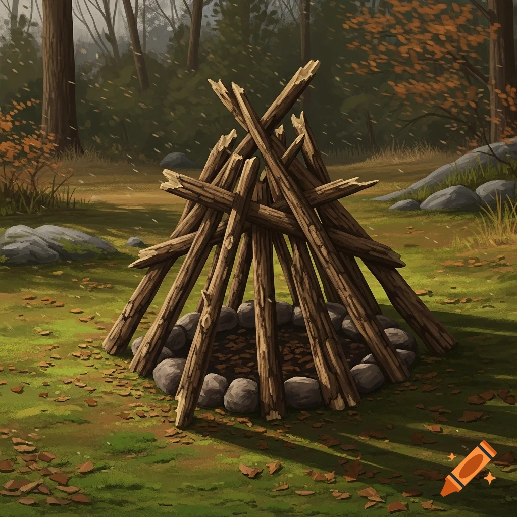 A teepee-shaped fire pit made of sticks, surrounded by a ring of stones and fallen leaves in a forest, digital painting.
