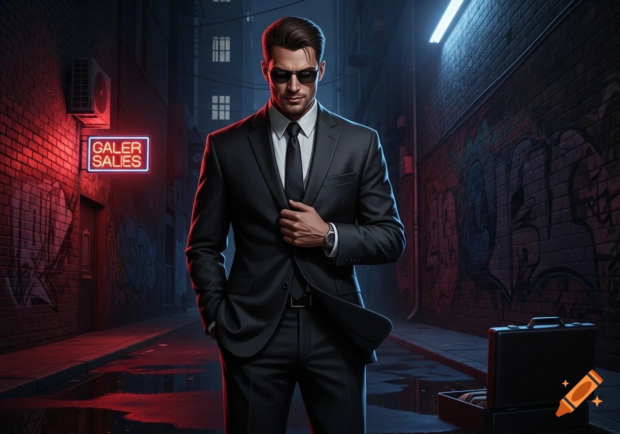 A stylish man in a black suit and sunglasses stands in a dark, neon-lit urban alley, with a briefcase on the wet ground.
