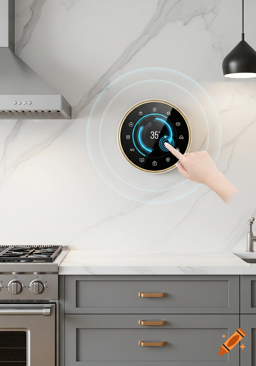 A hand adjusting a round smart thermostat displaying 350 on a marble wall in a modern kitchen with a range hood and stove.