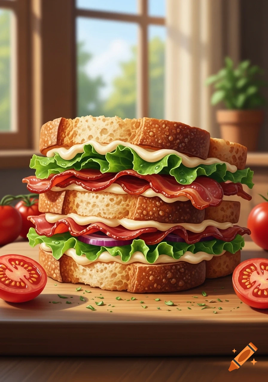 A tall, vibrant BLT sandwich with red onion and mayo on toasted sourdough bread, served on a wooden board in a sunny kitchen.
