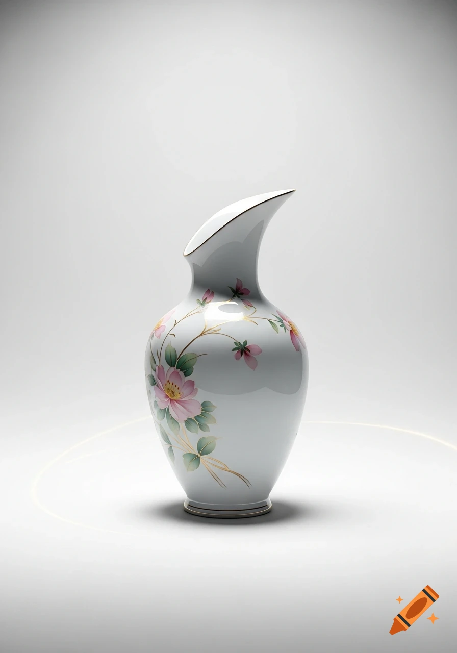 An elegant white ceramic vase with a curved spout, adorned with pink flowers, green leaves, and gold accents, against a plain white background.