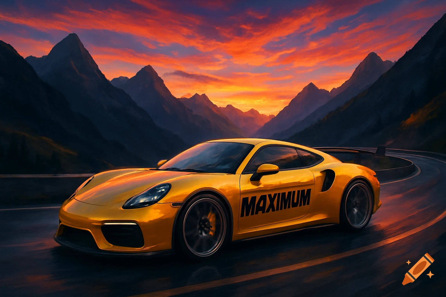 A shiny yellow sports car with 'MAXIMUM' on its side drives on a winding mountain road during a vibrant sunset, photorealistic style.