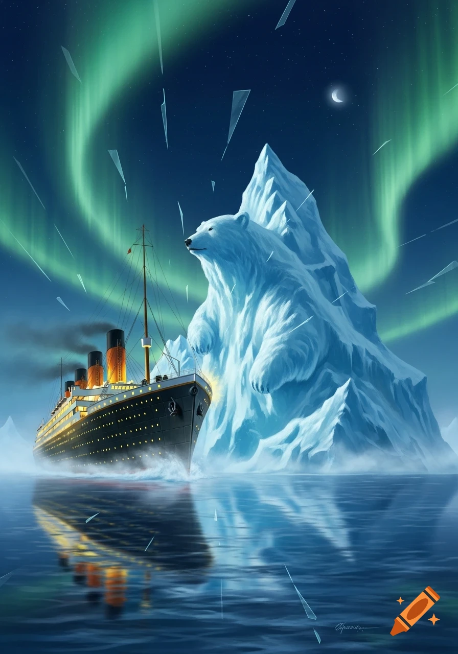 A stylized ship approaches a polar bear-shaped iceberg under green aurora borealis, with shards of ice in the dark sky.