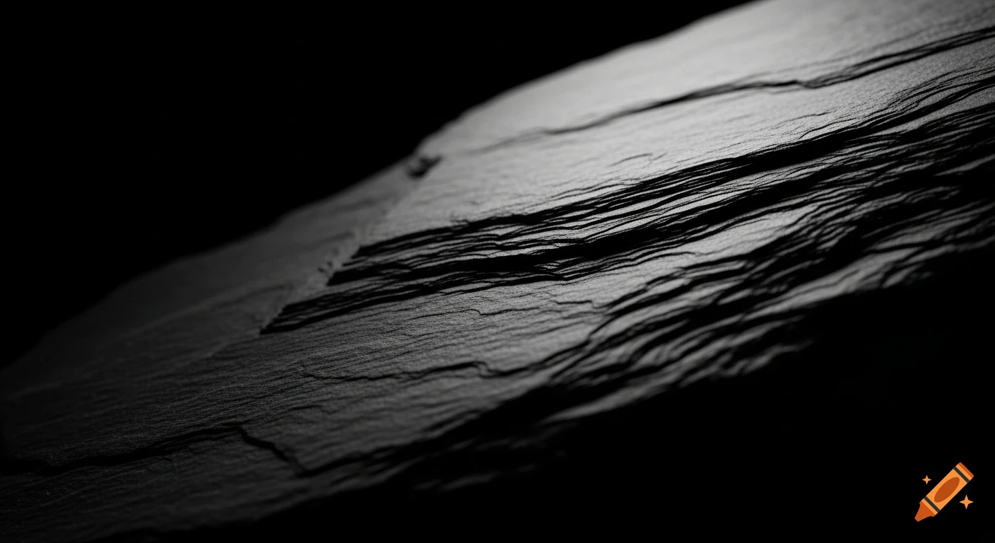 Dramatic macro photograph of a dark, textured slate rock surface with side lighting and a black background.
