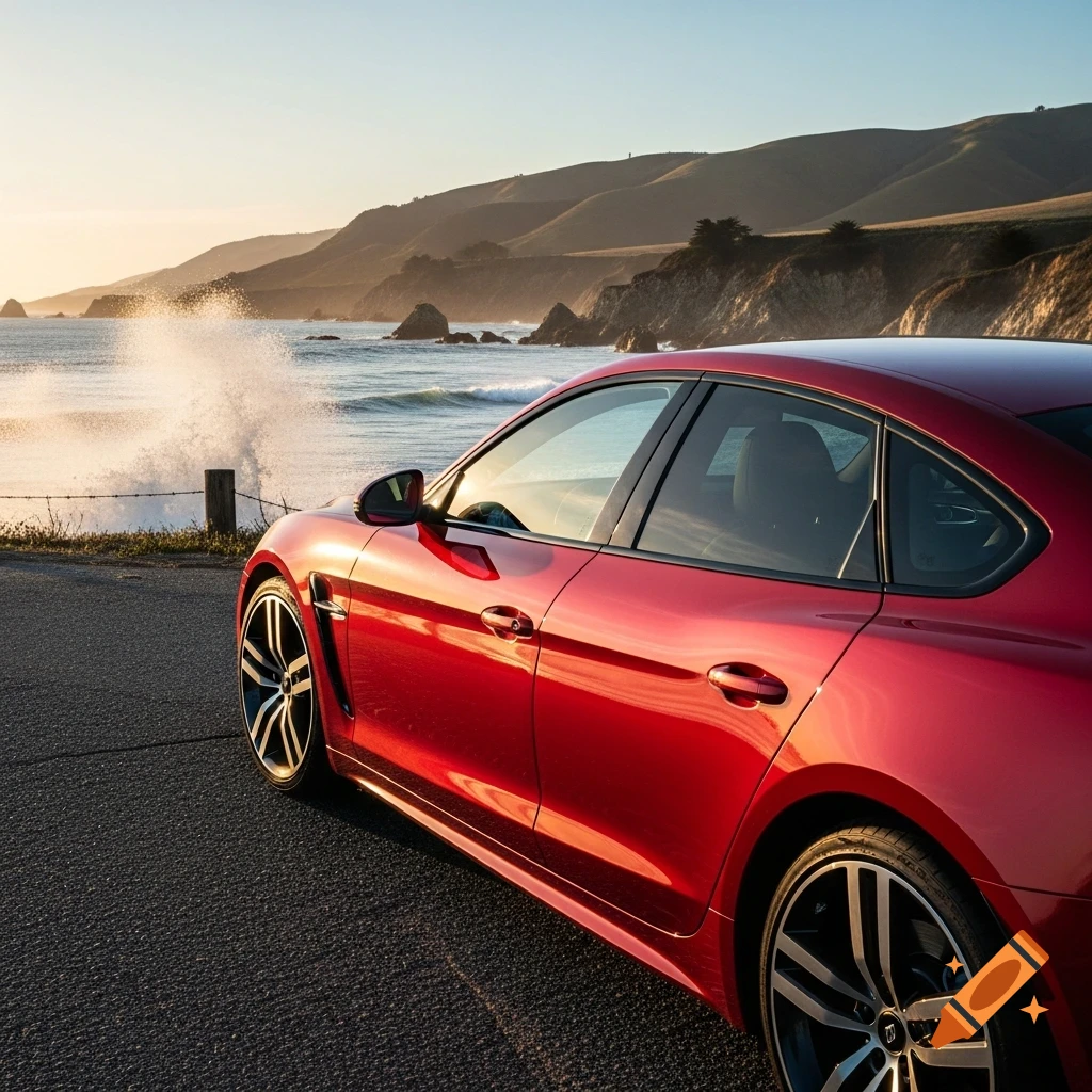 Red car parked on a coastal road overlooking an ocean with crashing ...