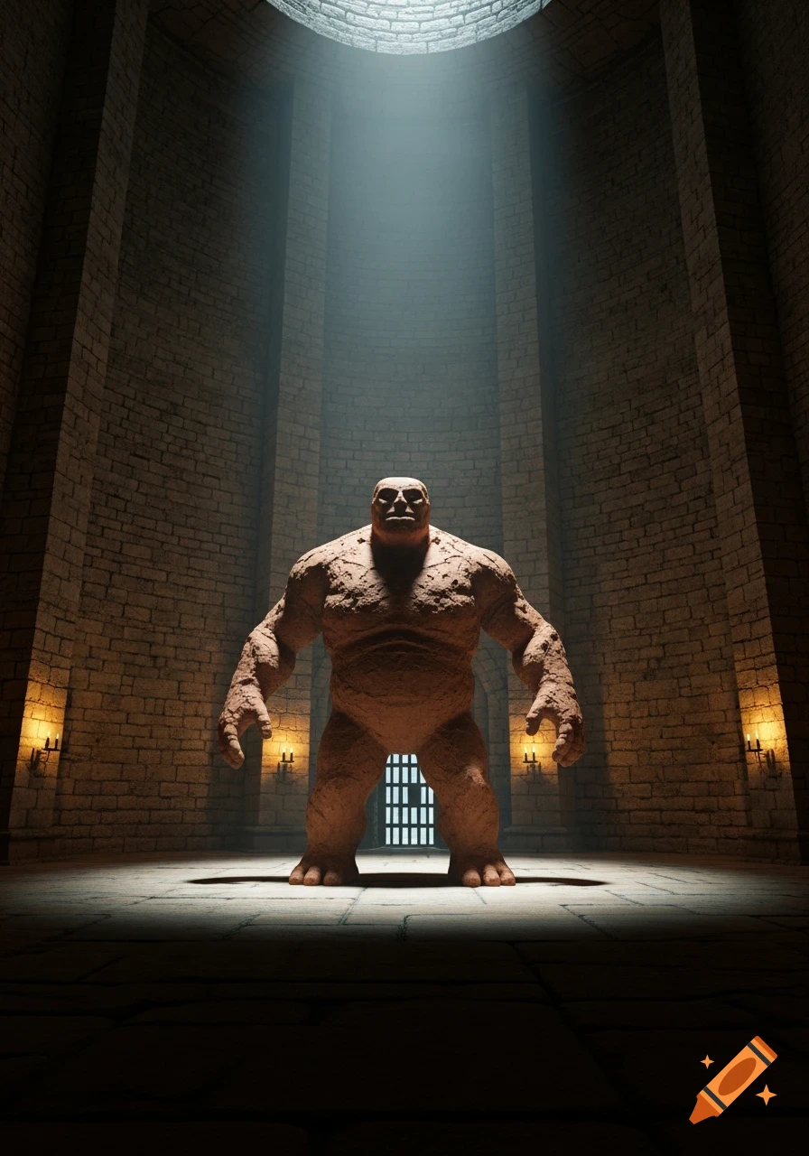 A hulking clay golem stands in the center of a dark, circular brick room, illuminated by a skylight and dim wall sconces.