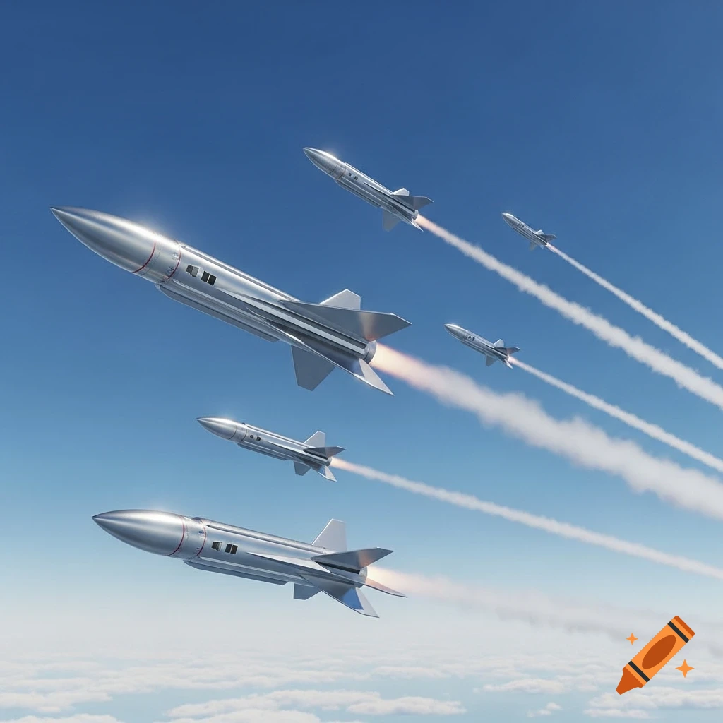 Multiple silver rockets with fiery exhaust trails ascend diagonally into a clear blue sky, above distant clouds.