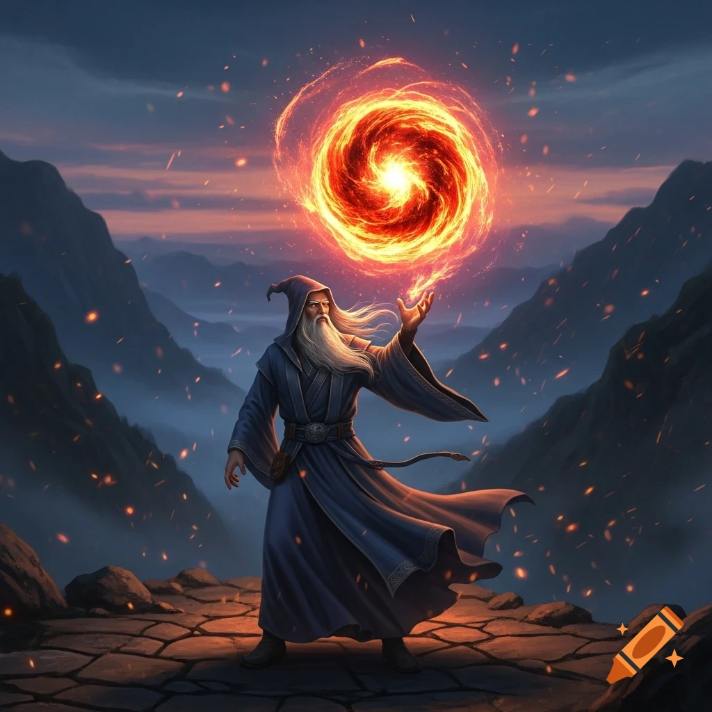 A wizard in a dark robe casts a fiery, swirling spell against a backdrop of mountains and a twilight sky.